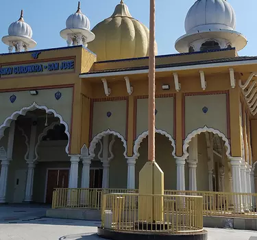 The exterior of the beautiful architecture of the Gurdwara Sahib of San Jose in the Evergreeen neighborhood