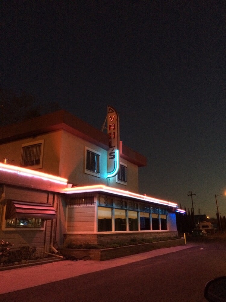 Exterior of Vahls at night