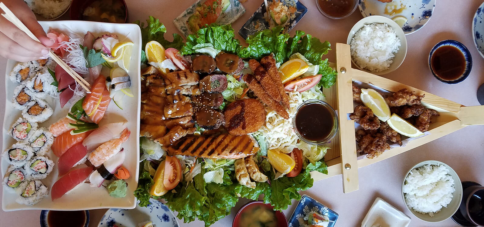 A such boat beautiful decorated with an elaborate assortment of sushi