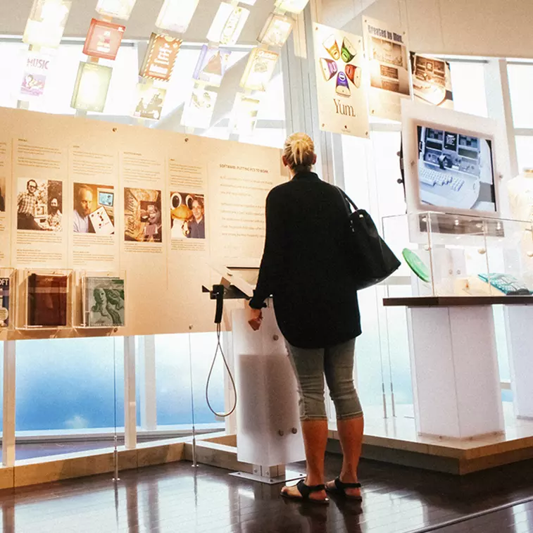 Onlooker views exhibits at the Computer History Museum in Mountain View