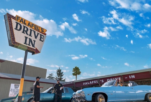 Falafel's Drive Thru in San Jose with a lowrider car