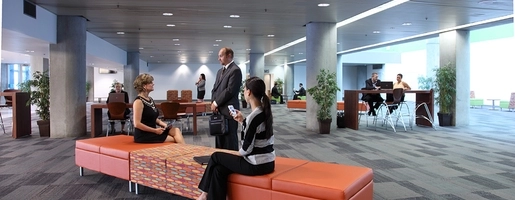 Casual business networking set in the Hub of the San Jose Convention Center