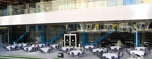 Set for a lunch outside of the lower level on the patio of the San Jose Convention Center