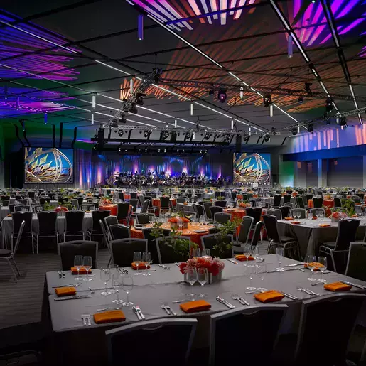Grand Ballroom at the San Jose Convention Center set for a sit down dinner event