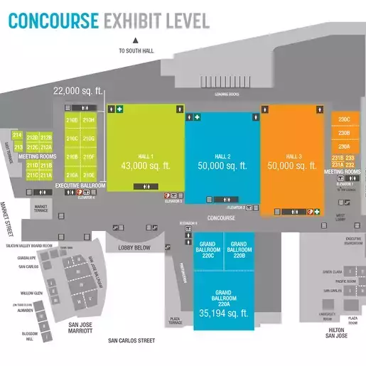 Floorplan and room specifications chart of the San Jose McEnery Convention Center Upper Level