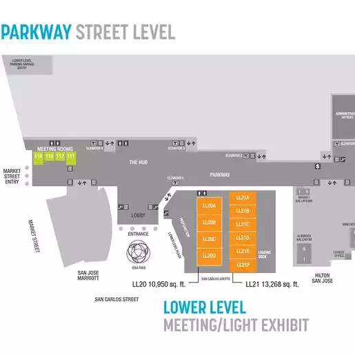 Floorplan and room specifications chart of the San Jose McEnery Convention Center Lower Level