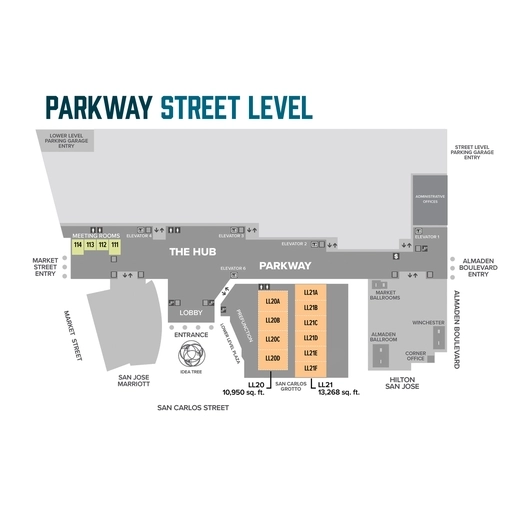 Floorplan and room specifications chart of the San Jose McEnery Convention Center Lower Level