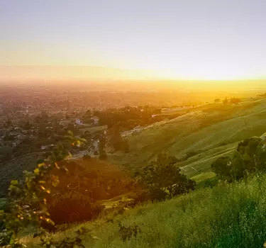 The rolling hills stretching to the city suburbs of San Jose at Alum Rock Park.
