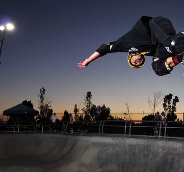 Skater doing tricks during night skating at Lake Cunningham Skate Park