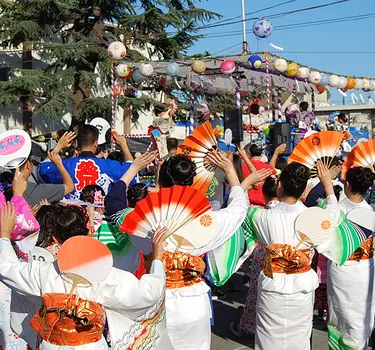 Women dressed in kimonos lineup with their decorative fans shilding them from the sun during the Obon festival