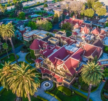 Aerial view of the infamous Winchester Mystery House in San Jose, California