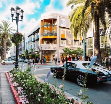 Car rolls through the strip of Santana Row in San Jose, California. 