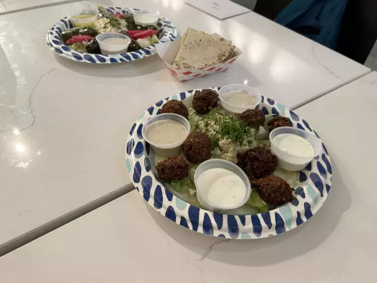 Falafel and dolma appetizer plates at Mercy Mediterranean