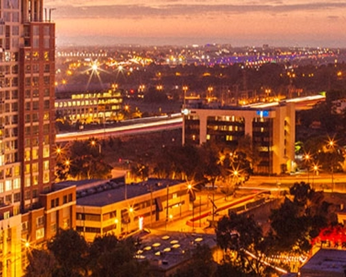 Aerial view of Downtown San Jose at dusk