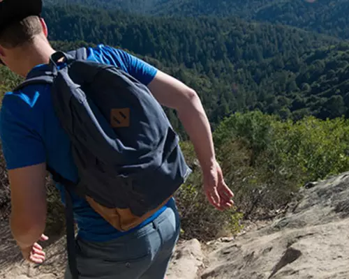 People hiking on a trail that drops down over the redwood covered valley of Castle Rock State Park