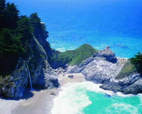 Big Sur waterfall and beach view 