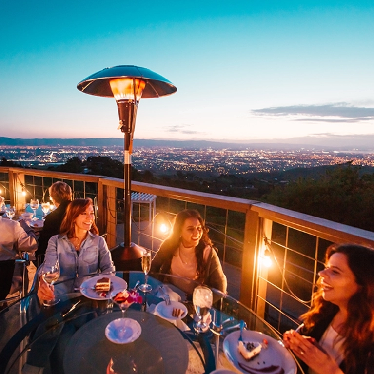 people dining with a view behind them