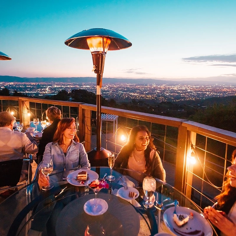 Dinner on the balcony at Mount Hamilton's Grandview Restaurant overlooking a Silicon Valley sunset