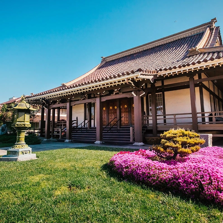 Hot pink flowers and bonsai tree in front of the San Jose Buddhist Church Betsuin