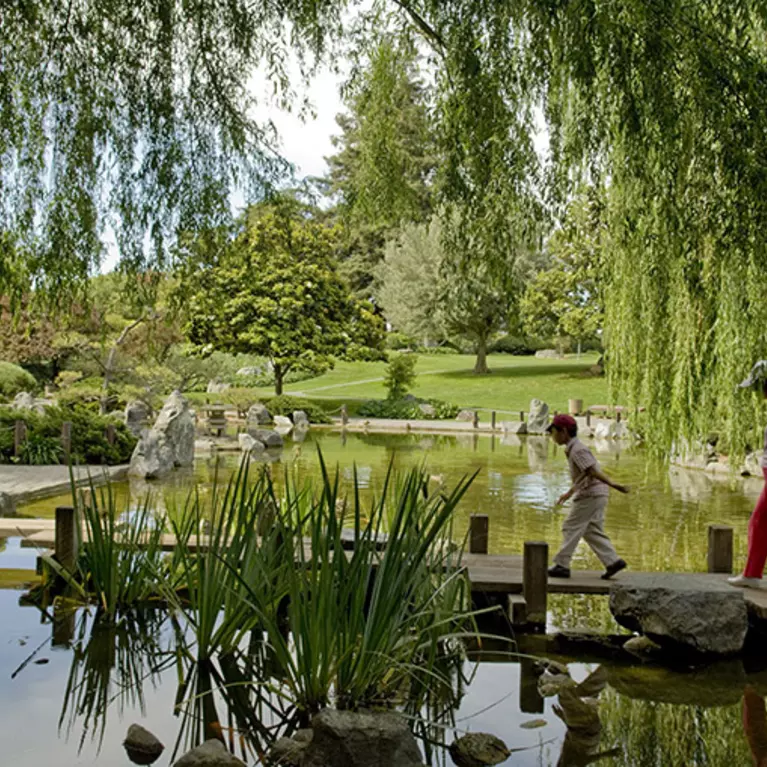 People walking on a floating bridge on water in the beautifully landscaped Japanese gardens