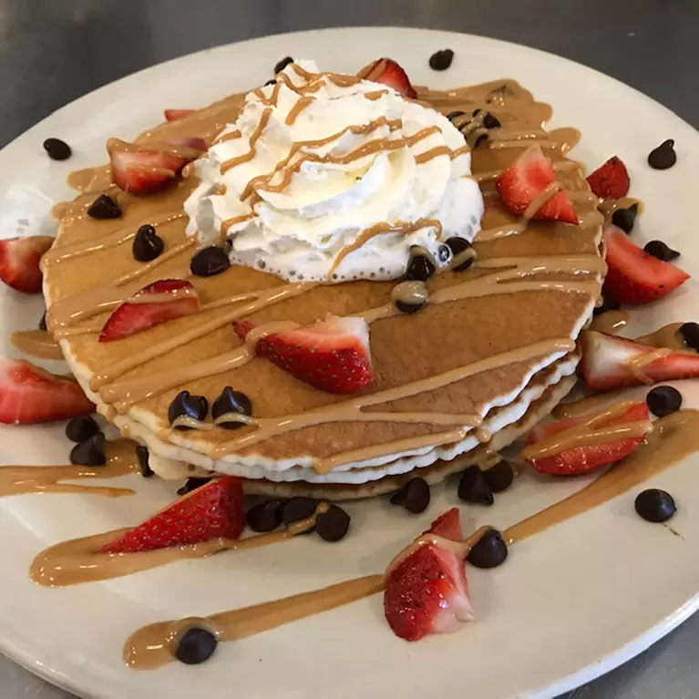 Strawberry and chocolate chip pancakes at City Diner in South San Jose