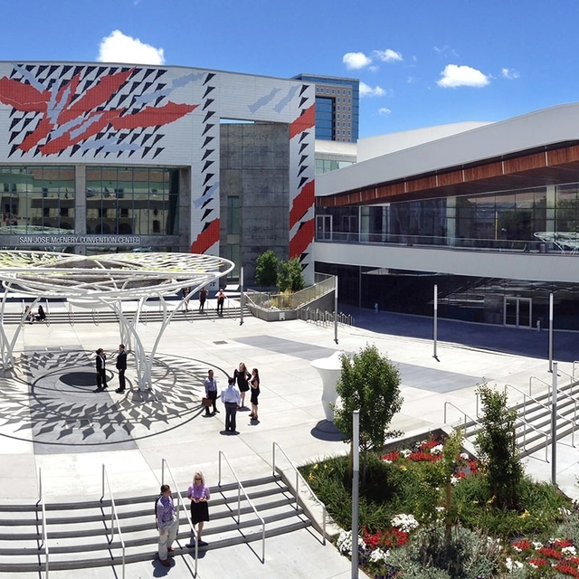 The outside patio and main entrance of the San Jose McEnery Convention Center